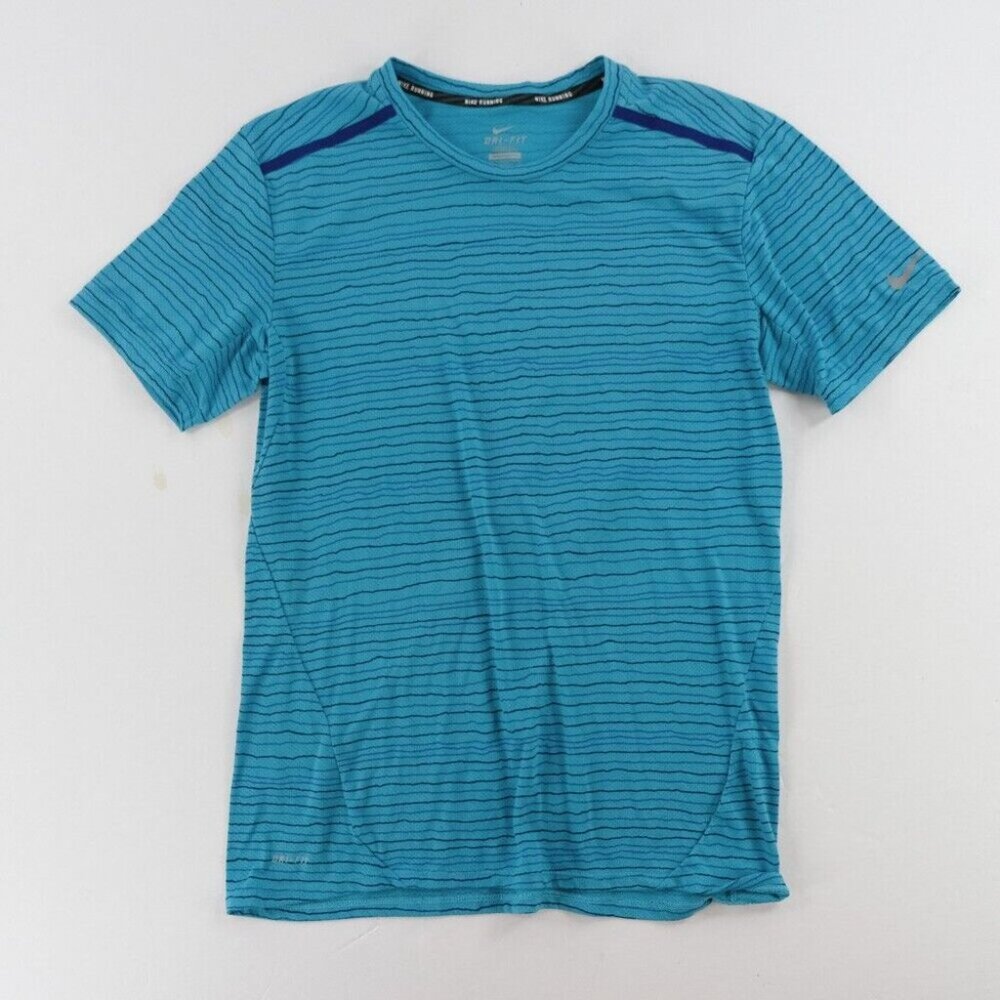 Nike Running Dri-Fit Men Size Med Blue Striped Short Sleeve Crew-Neck T-Shirt